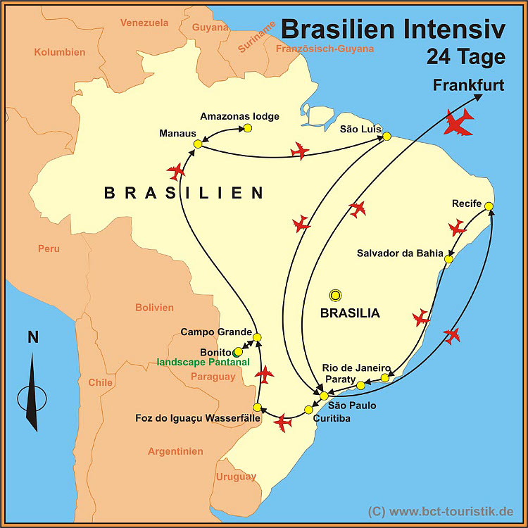Dies ist unsere Reiseroute für die intensiv Brasilienreise.